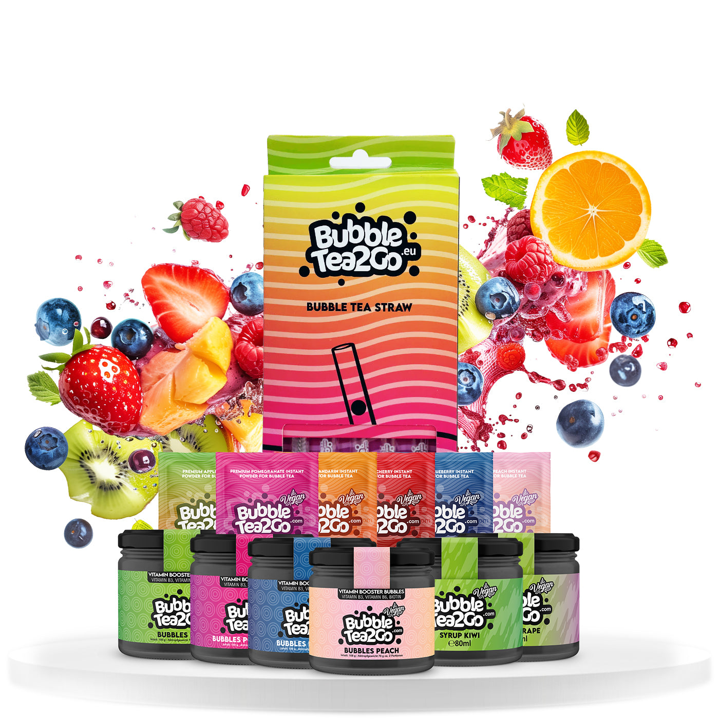 Grote fruitmixstartpakket 6x Premium thee + 2x siroop + 4x bubbels + glazen rietjes