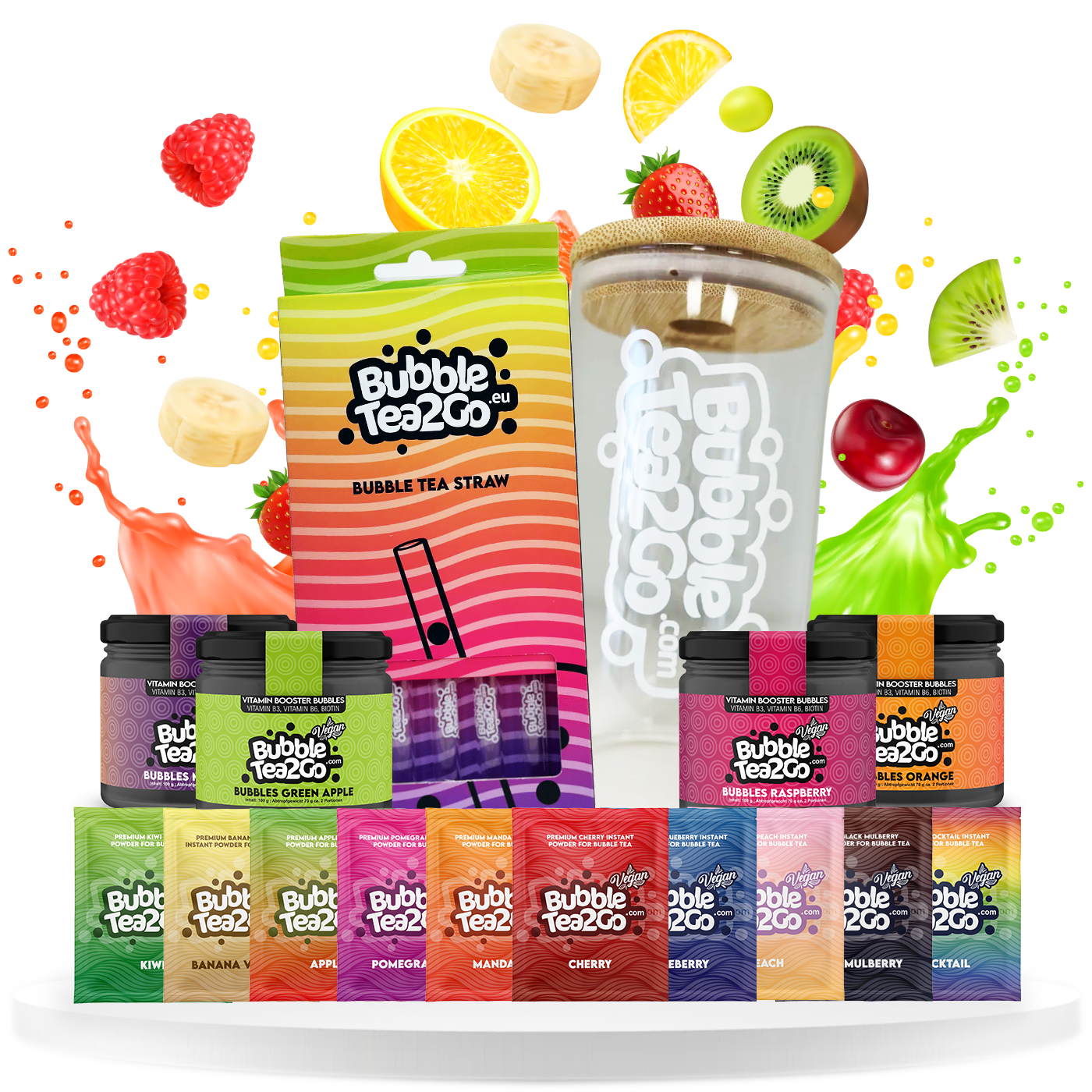 Großes Früchtemix Special Paket 10 x Premium Tea dazu 4x Bubbles dazu 5 Glasstrohhalme dazu 1 Bubbletea Glas